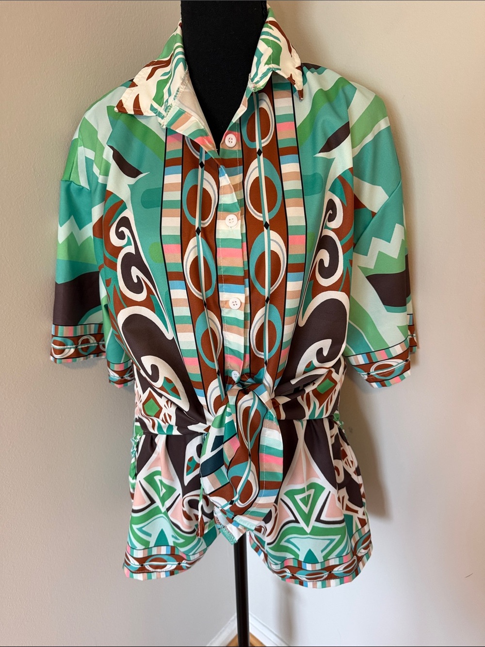 Vintage-Inspired Geo Print Button Front Blouse in Teal & Brown